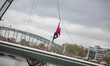 French tightrope walker Denis Josselin crossed the Seine on a steel wire 16 mm, in Paris,...