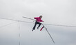 French tightrope walker Denis Josselin crossed the Seine on a steel wire 16 mm, in Paris,...