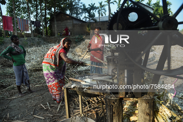 Workers making sugarcane juice to production of Gur (jaggery) in a village on December 10, 2021 in Barpeta, Assam, India. Gur (jaggery) is a...