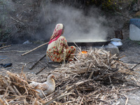 Workers boiling sugarcane juice as they are making Gur (jaggery) in a village on December 10, 2021 in Barpeta, Assam, India. Gur (jaggery) i...