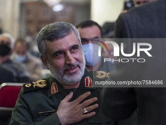 Iranian Commander of Aerospace Force of the Islamic Revolutionary Guard Corps (IRGC), Amir Ali Hajizadeh, gestures while attending a death a...