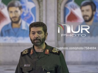 Iranian Commander of Great Tehran's Mohammad Rasoolullah Corps, Hassan Hassanzadeh looks on while attending a death anniversary of the Irani...