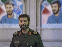 Iranian Commander of Great Tehran's Mohammad Rasoolullah Corps, Hassan Hassanzadeh looks on while attending a death anniversary of the Irani...