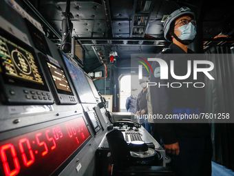 Navy soldiers are inside the bridge of a Taiwanese military corvette during a Navy Drill for Preparedness Enhancement ahead of the Chinese N...