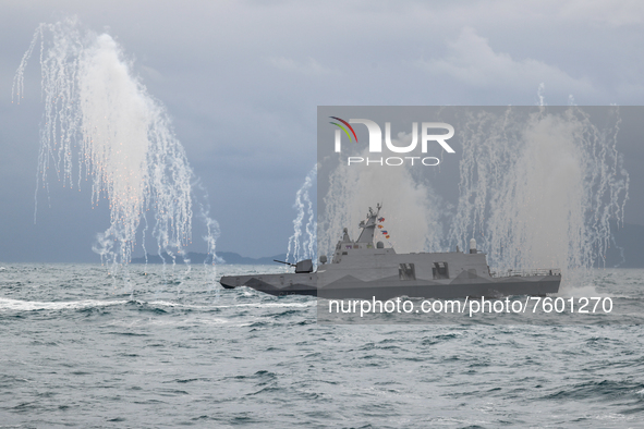 A Taiwanese military corvette fires flares, during a Navy Drill for Preparedness Enhancement ahead of the Chinese New Year, amid escalating...