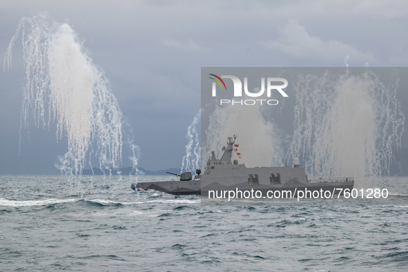 A Taiwanese military corvette sails fires flares during a Navy Drill for Preparedness Enhancement ahead of the Chinese New Year, amid escala...