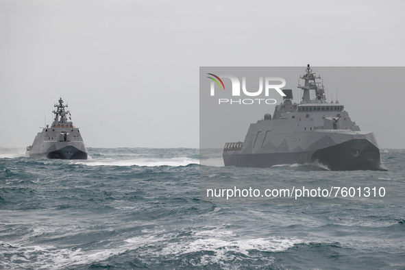 Two Taiwanese military corvettes sail during a Navy Drill for Preparedness Enhancement ahead of the Chinese New Year, amid escalating Chines...