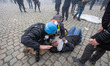 Injured demonstrator on the ground. Thousands Protest during the European Demonstration fo...