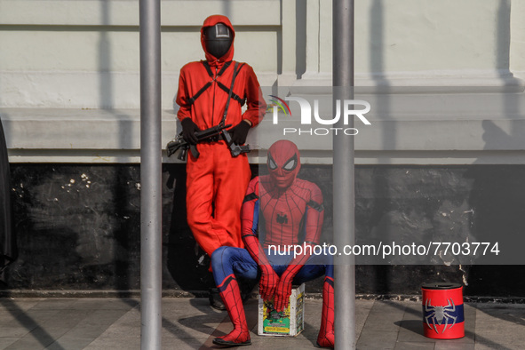 Cosplayer dressed as super heroes is seen near Gedung Merdeka Tourism Area on January 29, 2022 in Bandung, Indonesia. Based on data from the...