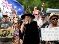 Members of the public take part in a protest organized by the Freedom and Rights Coalition in Christchurch, New Zealand on February 19, 2022...