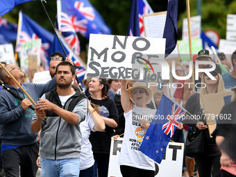 Members of the public take part in a protest organized by the Freedom and Rights Coalition in Christchurch, New Zealand on February 19, 2022...