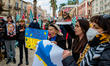 Protesters protest with placards in the square in front of the Municipality of Bari agains...