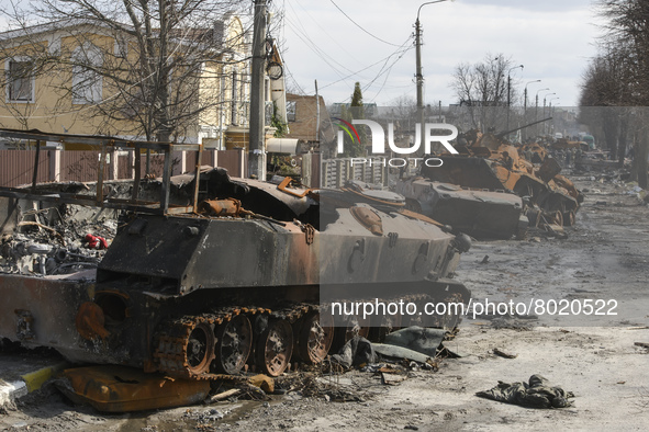 Street with destroyed Russian military machinery in the recaptured by the Ukrainian army Bucha city near Kyiv, Ukraine, 04 April 2022. 
