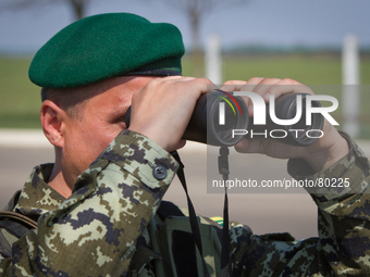 Ukrainian border guards patrol at the fighting position on Border Crossing Point on the Ukrainian-Moldovan border (