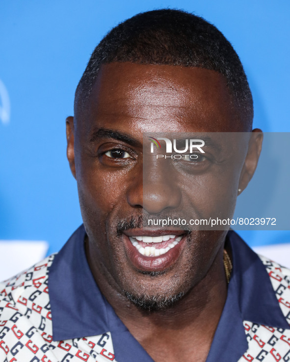 English-Sierra Leonean actor Idris Elba wearing Gucci arrives at the Los Angeles Premiere Screening Of 'Sonic The Hedgehog 2' held at the Re...