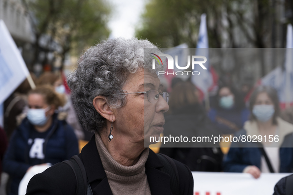 Isabel Camarinha from CGTP, General Confederation of Portuguese Workers in front of the Ministry of Health manifests itself in better condit...