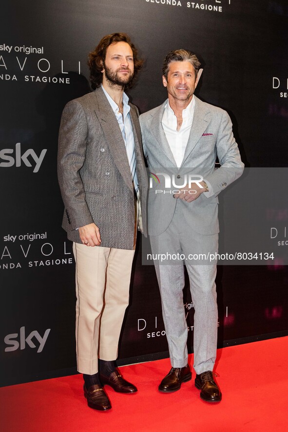 Alessandro Borghi, Patrick Dempsey attends the "Diavoli" Tv Series Second Season Premiere at The Space Odeon on April 08, 2022 in Milan, Ita...