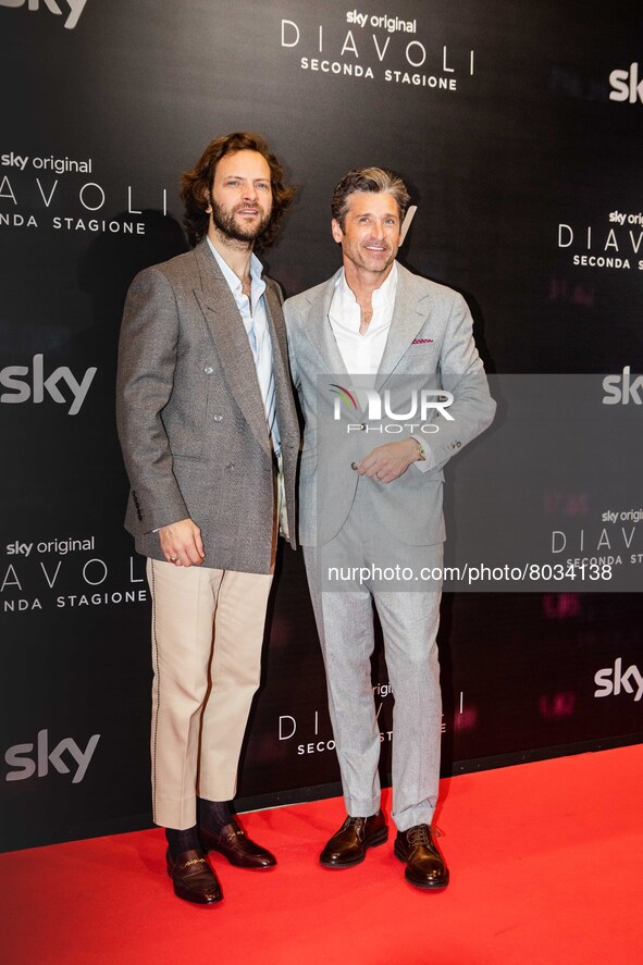 Alessandro Borghi, Patrick Dempsey attends the "Diavoli" Tv Series Second Season Premiere at The Space Odeon on April 08, 2022 in Milan, Ita...