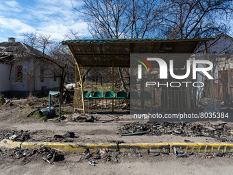 BUCHA, UKRAINE - APRIL 7, 2022 - A public transport stop shows damage after the liberation of the city from Russian invaders, Bucha, Kyiv Re...