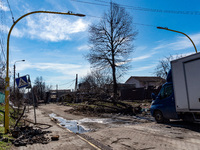BUCHA, UKRAINE - APRIL 7, 2022 - The consequences of hostilities are pictured on a street after the liberation of the city from Russian inva...