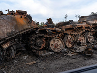 BUCHA, UKRAINE - APRIL 7, 2022 - A destroyed military vehicle is seen on a street after the liberation of the city from Russian invaders, Bu...