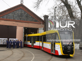 The new multi-section Odissey MAX tram, maded in the car repair workshops of the city communal enterprise, is presented, amid Russia's invas...