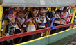 Representatives (cocoons) of La Flor Más Del Ejido in Xochimilco, Mexico City, aboard a ca...