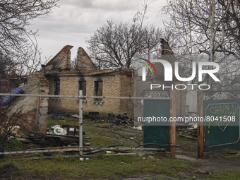 Residential houses Destroyed by Russian army in the recaptured by the Ukrainian army Andriivka village, Kyiv region, Ukraine, April 09, 2022...