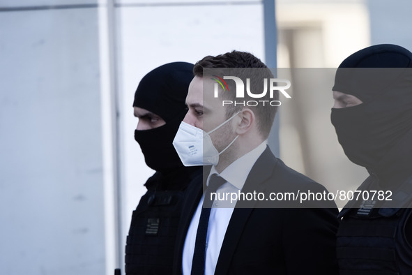 Babis Anagnostopoulos arrives at the court escorted by police for his trial on April 14, 2022 in Athens, Greece. On June 17th 2021 Babis Ana...