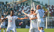 Simone Corazza of US Alessandria Calcio celebrates whit his team mates the goal of 0-2 dur...