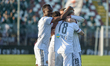 Simone Corazza of US Alessandria Calcio celebrates whit his team mates the goal of 0-2 dur...