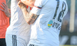 Simone Corazza of US Alessandria Calcio celebrates whit his team mate Luca Parodi the goal...