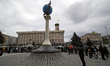 KYIV, UKRAINE - APRIL 18, 2022 - People stand in a queue outside the Central Post Office t...