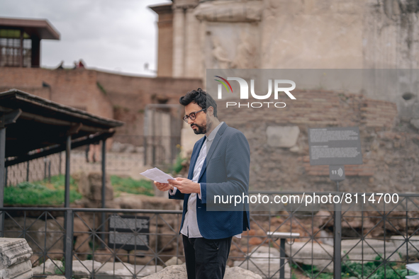  Poet Gabriele Tinti attends the reading by Abel Ferrara of Gabriele Tinti's poems at Foro Romano on April 19, 2022 in Rome, Italy.  by Luca Carlino/NurPhoto