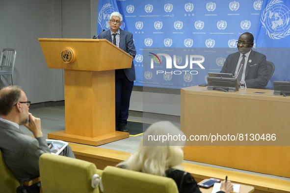 The President of the Economic and Social Council, Collen Vixen Kelapile addresses the media at the United Nations Headquarters on April 25,...