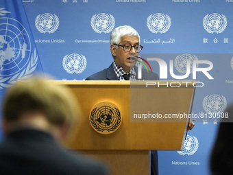 Farhan Faq a spokesperson for the Secretary General and the President of the General Assembly addresses the media at the United Nations Head...