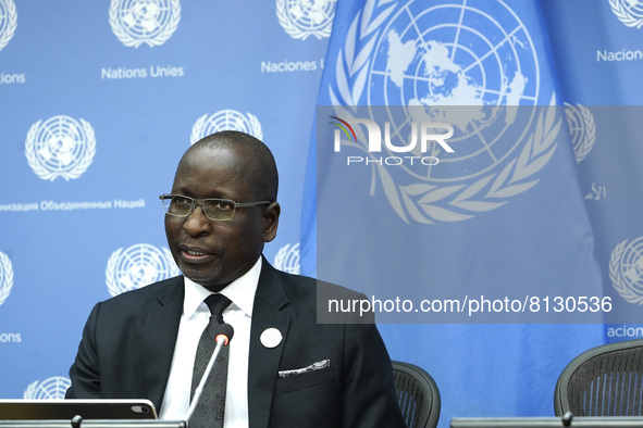 The President of the Economic and Social Council, Collen Vixen Kelapile addresses the media at the United Nations Headquarters on April 25,...