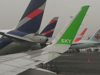 LATAM Airlines, Air Canada and SKY Airline planes seen at Jorge Chavez International Airport in Lima. 
On Monday, 25 April 2022, in Jorge Ch...