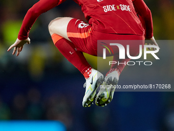 Andy Robertson of Liverpool FC jumps prior to the UEFA Champions League Semifinal Leg Two match between Villarreal CF and Liverpool FC at Es...