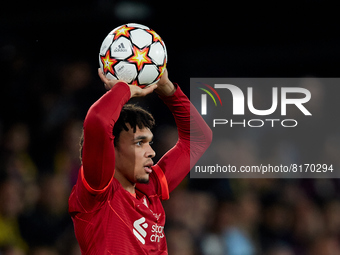 Trent Alexander-Arnold of Liverpool FC takes a throw-in during the UEFA Champions League Semifinal Leg Two match between Villarreal CF and L...