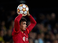 Trent Alexander-Arnold of Liverpool FC takes a throw-in during the UEFA Champions League Semifinal Leg Two match between Villarreal CF and L...