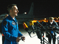 German astronaut Matthias Maurer is seen taling to the press  after he returns to Cologne at Federal Deffence transport Wing in Cologne, Ger...