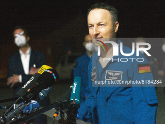 German astronaut Matthias Maurer is seen taling to the press  after he returns to Cologne at Federal Deffence transport Wing in Cologne, Ger...