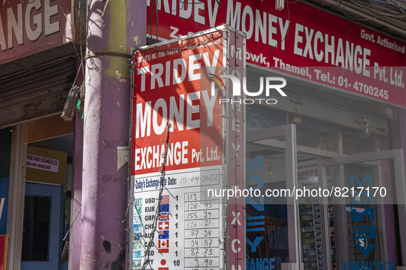 Closeup at the board with the daily exchange rates. Money Exchange Centre office, a place for exchanging Foreign Currency to local Nepalese...