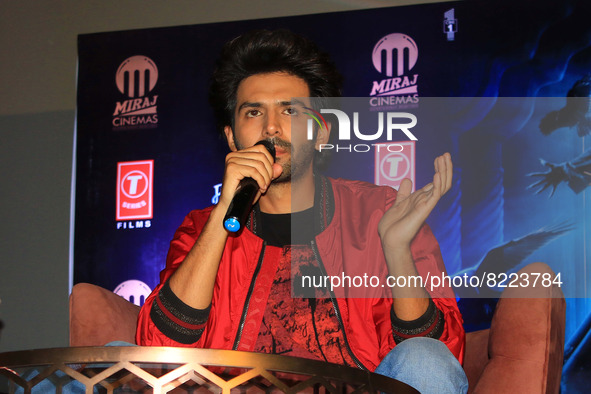 Bollywood actor Kartik Aaryan  addresses a press conference during the promotion of his upcoming film 'Bhool Bhulaiyaa 2', in Jaipur, Rajast...