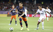 Mihailo Ristic of Montpellier, Angel Di Maria of PSG during the French championship Ligue...
