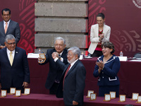 Mexican President Andrés Manuel López Obrador and   Public Education Minister , Delfina Gómez, during Mexico's Teacher's Day ceremony at the...