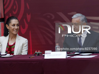 Head of Government of Mexico City Claudia Sheinbaum, Mexican President Andrés Manuel López Obrado during Mexico's Teacher's Day ceremony at...