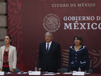 Head of Government of Mexico City Claudia Sheinbaum, Mexican President Andrés Manuel López Obrador, Public Education Minister , Delfina Góme...