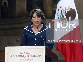 Public Education Minister Delfina Gómez, speaks during Mexico's Teacher's Day ceremony at the headquarters of the Ministry of Public Educati...